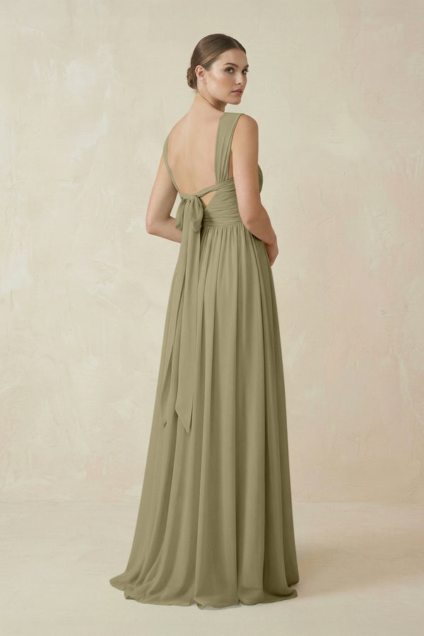 A - Line Pleated Chiffon Long Bridesmaid Dress in Thyme - KissProm Bridesmaid Dresses