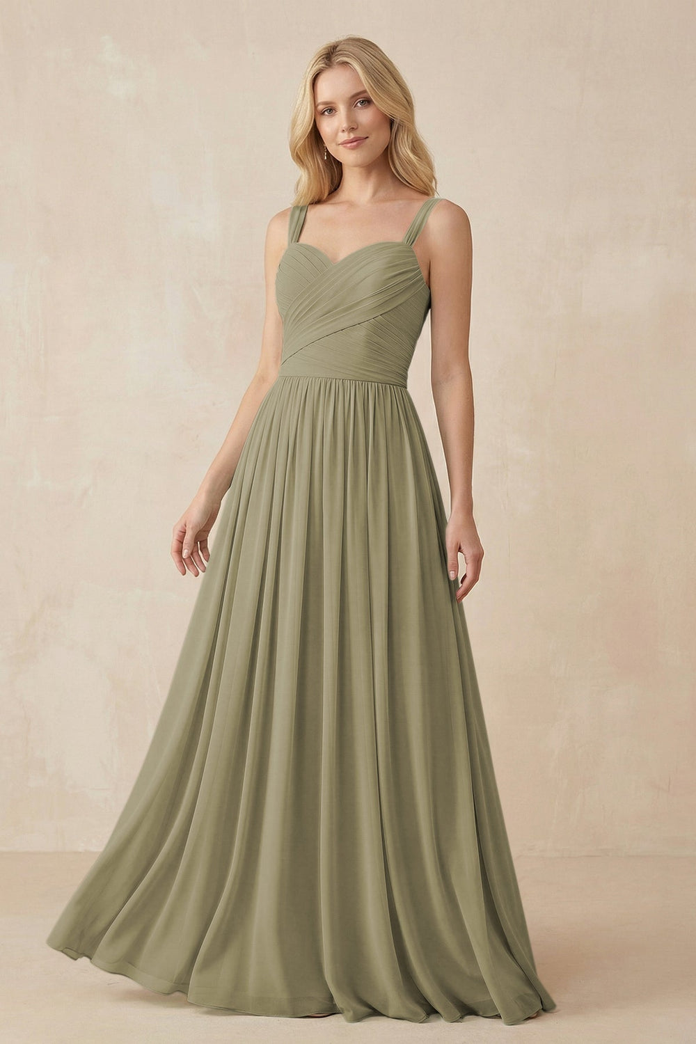 A - Line Pleated Chiffon Long Bridesmaid Dress in Thyme - KissProm Bridesmaid Dresses