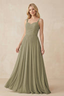 A - Line Pleated Chiffon Long Bridesmaid Dress in Thyme - KissProm Bridesmaid Dresses