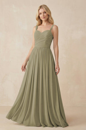 A - Line Pleated Chiffon Long Bridesmaid Dress in Thyme - KissProm Bridesmaid Dresses