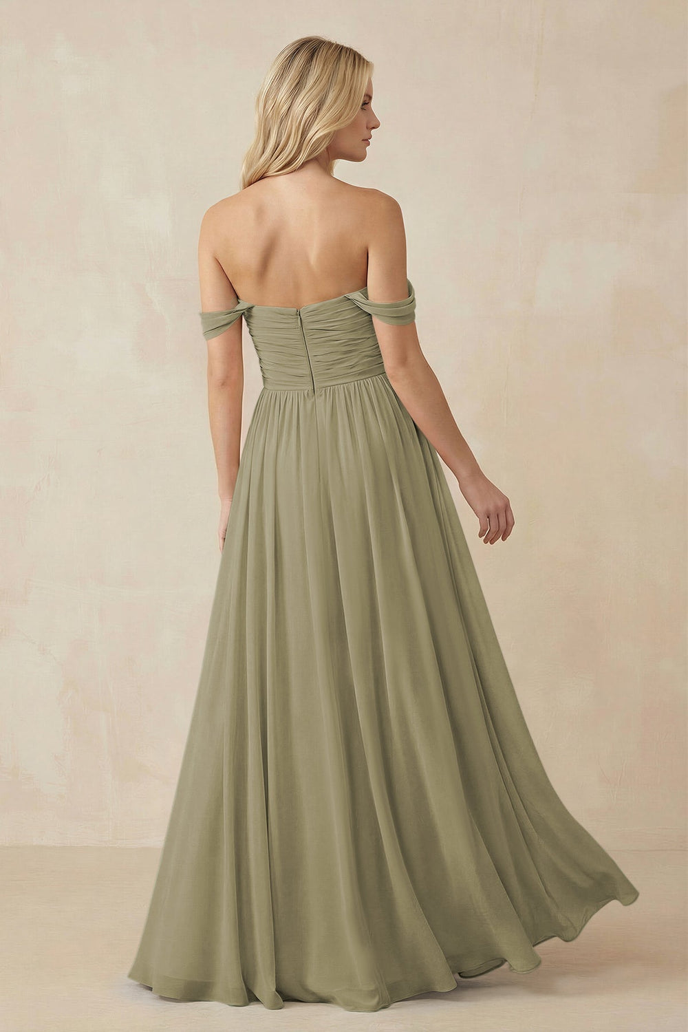 A - Line Pleated Chiffon Long Bridesmaid Dress in Thyme - KissProm Bridesmaid Dresses