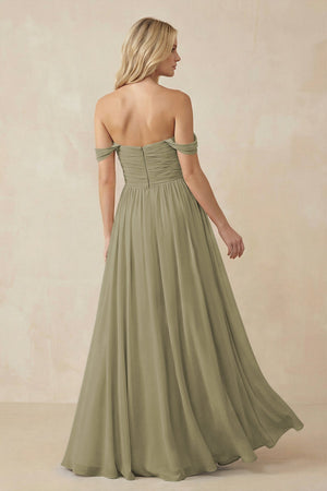 A - Line Pleated Chiffon Long Bridesmaid Dress in Thyme - KissProm Bridesmaid Dresses
