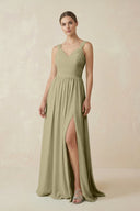 A - Line Pleated Chiffon Long Bridesmaid Dress in Thyme - KissProm Bridesmaid Dresses