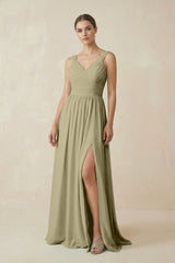 A - Line Pleated Chiffon Long Bridesmaid Dress in Thyme - KissProm Bridesmaid Dresses