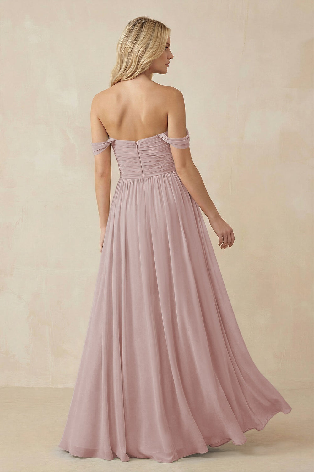 A - Line Pleated Chiffon Long Bridesmaid Dress in Toffee - KissProm Bridesmaid Dresses