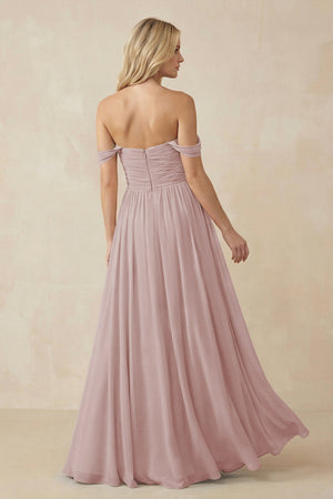 A - Line Pleated Chiffon Long Bridesmaid Dress in Toffee - KissProm Bridesmaid Dresses