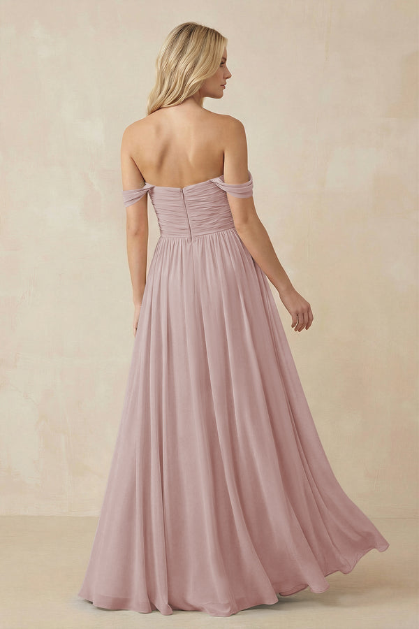 A - Line Pleated Chiffon Long Bridesmaid Dress in Toffee - KissProm Bridesmaid Dresses