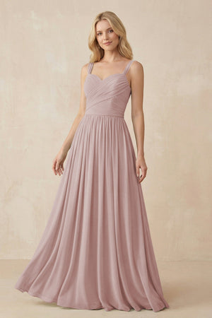 A - Line Pleated Chiffon Long Bridesmaid Dress in Toffee - KissProm Bridesmaid Dresses