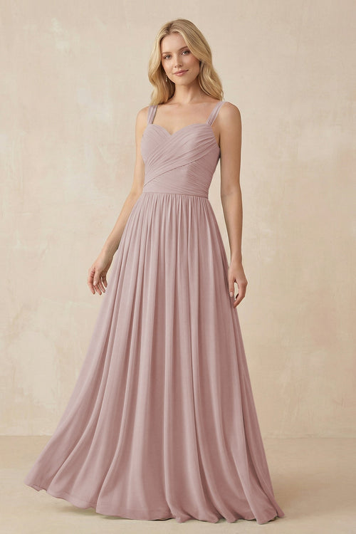 A - Line Pleated Chiffon Long Bridesmaid Dress in Toffee - KissProm Bridesmaid Dresses