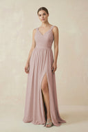 A - Line Pleated Chiffon Long Bridesmaid Dress in Toffee - KissProm Bridesmaid Dresses