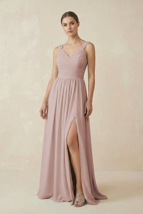 A - Line Pleated Chiffon Long Bridesmaid Dress in Toffee - KissProm Bridesmaid Dresses
