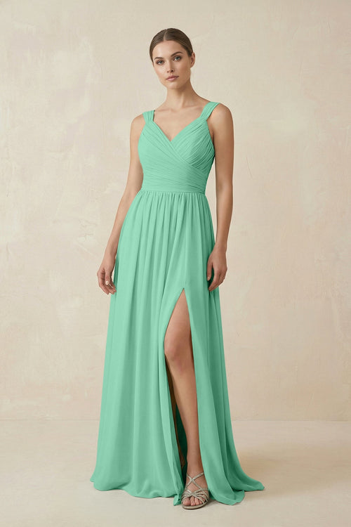 A - Line Pleated Chiffon Long Bridesmaid Dress in Turquoise - KissProm Bridesmaid Dresses