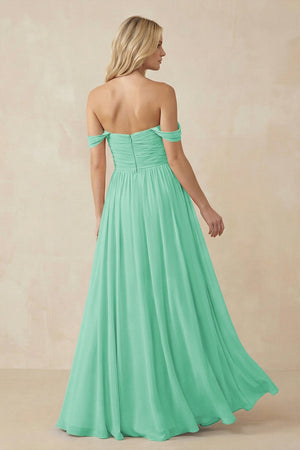 A - Line Pleated Chiffon Long Bridesmaid Dress in Turquoise - KissProm Bridesmaid Dresses