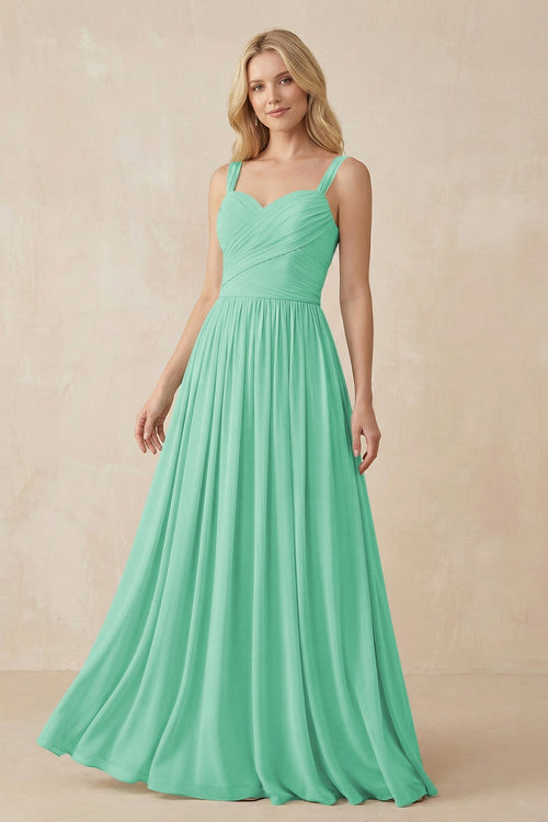 KissProm A-Line Pleated Long Chiffon Bridesmaid Dress in Turquoise, Turquoise / 22