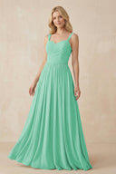 A - Line Pleated Chiffon Long Bridesmaid Dress in Turquoise - KissProm Bridesmaid Dresses