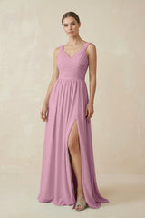 A - Line Pleated Chiffon Long Bridesmaid Dress in Vintage Mauve - KissProm Bridesmaid Dresses