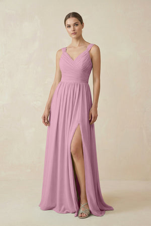 A - Line Pleated Chiffon Long Bridesmaid Dress in Vintage Mauve - KissProm Bridesmaid Dresses