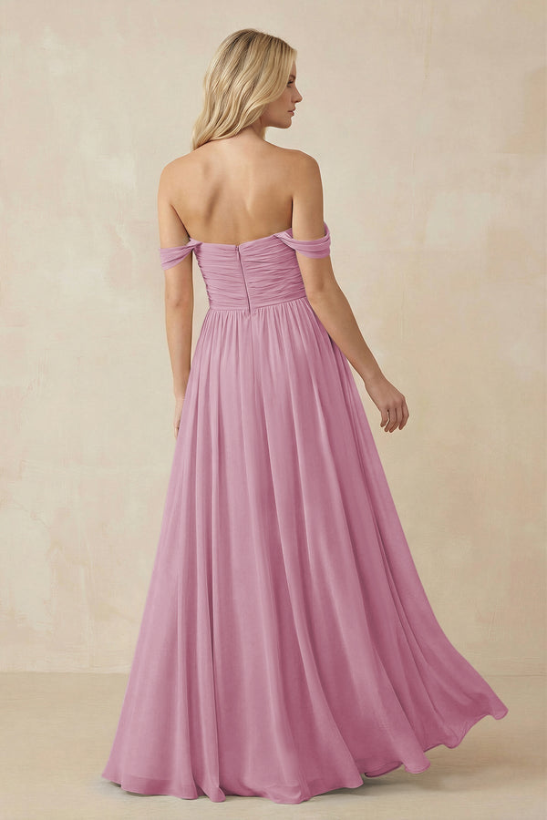 A - Line Pleated Chiffon Long Bridesmaid Dress in Vintage Mauve - KissProm Bridesmaid Dresses