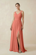 A - Line Pleated Chiffon Long Bridesmaid Dress in Wild Rose - KissProm Bridesmaid Dresses
