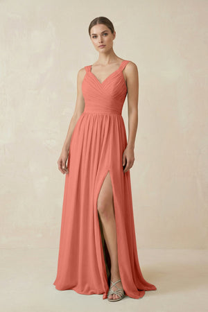 A - Line Pleated Chiffon Long Bridesmaid Dress in Wild Rose - KissProm Bridesmaid Dresses