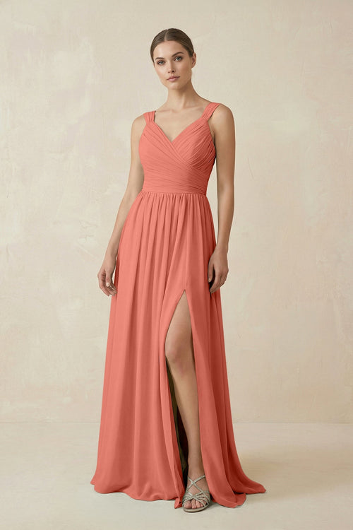 A - Line Pleated Chiffon Long Bridesmaid Dress in Wild Rose - KissProm Bridesmaid Dresses