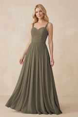 A - Line Pleated Chiffon Long Bridesmaid Dress in Willow Green - KissProm Bridesmaid Dresses