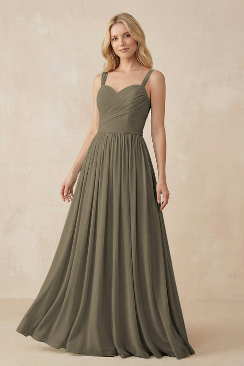 A-Line Pleated Long Chiffon Bridesmaid Dress in Willow Green, Willow Green / 22