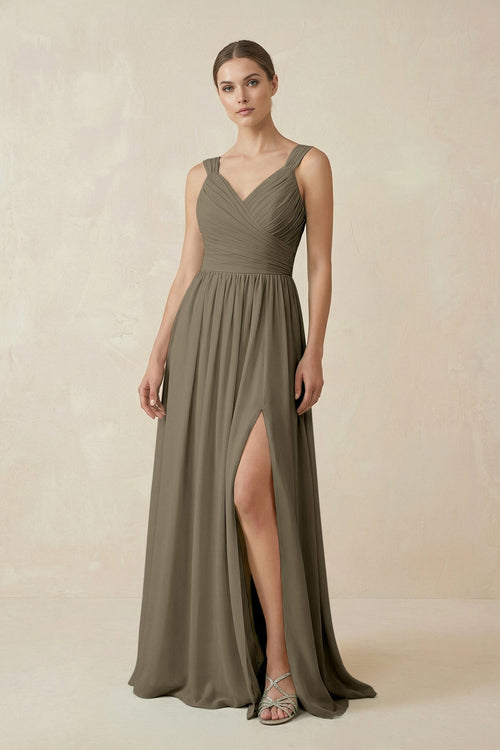A - Line Pleated Chiffon Long Bridesmaid Dress in Willow Green - KissProm Bridesmaid Dresses