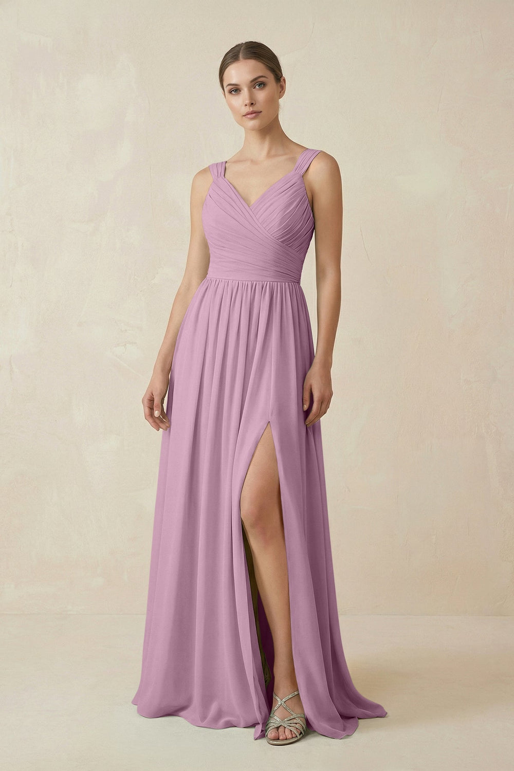 A - Line Pleated Chiffon Long Bridesmaid Dress in Wisteria - KissProm Bridesmaid Dresses