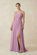 A - Line Pleated Chiffon Long Bridesmaid Dress in Wisteria - KissProm Bridesmaid Dresses