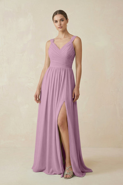 A - Line Pleated Chiffon Long Bridesmaid Dress in Wisteria - KissProm Bridesmaid Dresses