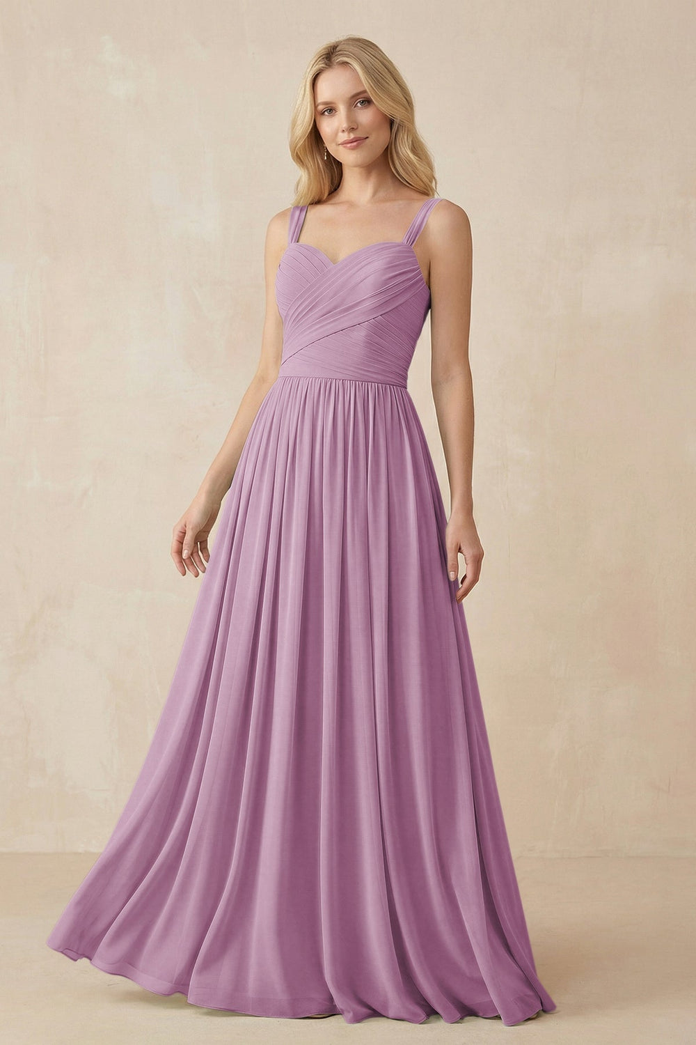 A - Line Pleated Chiffon Long Bridesmaid Dress in Wisteria - KissProm Bridesmaid Dresses