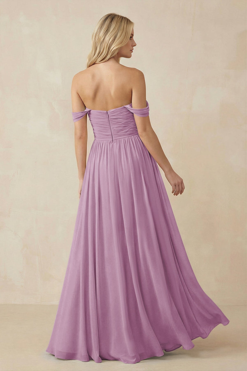 A - Line Pleated Chiffon Long Bridesmaid Dress in Wisteria - KissProm Bridesmaid Dresses