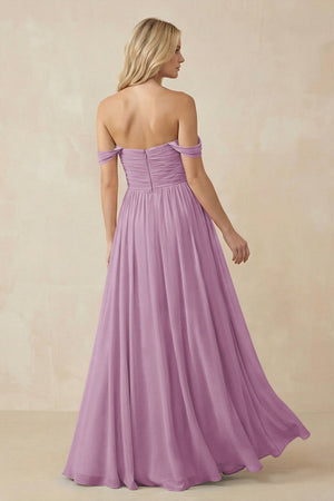A - Line Pleated Chiffon Long Bridesmaid Dress in Wisteria - KissProm Bridesmaid Dresses