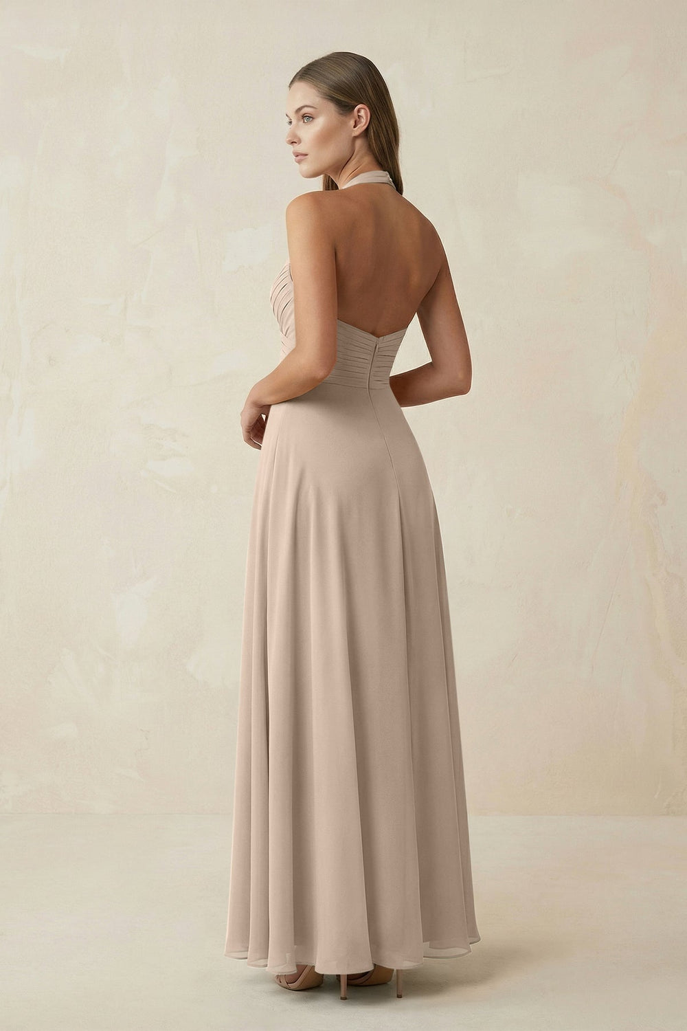 A-Line Pleated Chiffon V-Neck Bridesmaid Dress in Almond - KissProm BRIDESMAID DRESSES