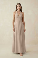 A-Line Pleated Chiffon V-Neck Bridesmaid Dress in Almond - KissProm BRIDESMAID DRESSES