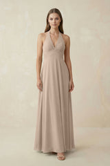 A-Line Pleated Chiffon V-Neck Bridesmaid Dress in Almond - KissProm BRIDESMAID DRESSES