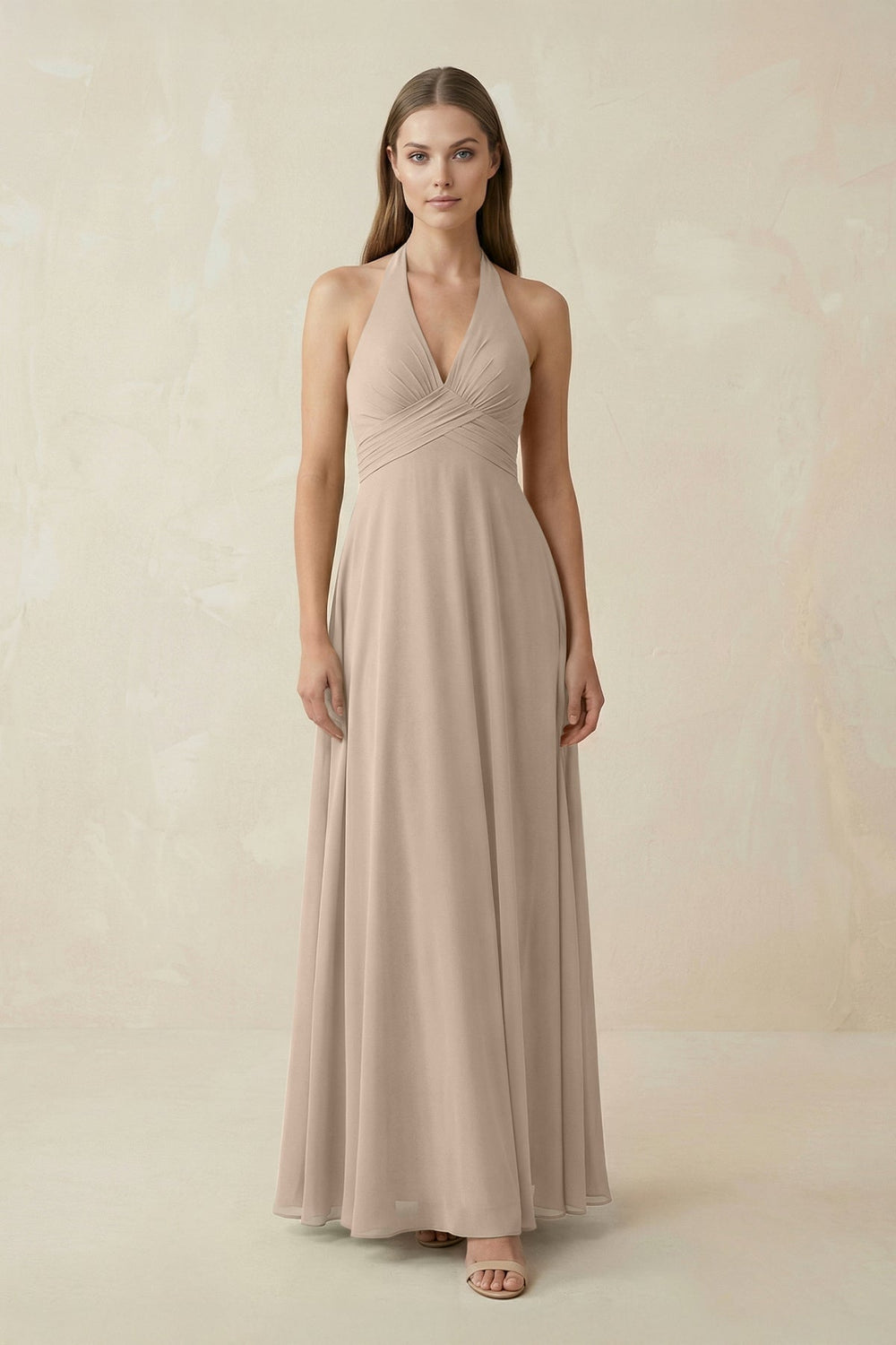 A-Line Pleated Chiffon V-Neck Bridesmaid Dress in Almond - KissProm BRIDESMAID DRESSES