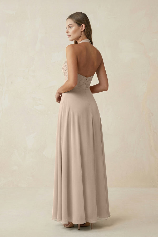 A-Line Pleated Chiffon V-Neck Bridesmaid Dress in Almond - KissProm BRIDESMAID DRESSES