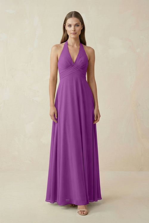 A-Line Pleated Chiffon V-Neck Bridesmaid Dress in Amethyst - KissProm BRIDESMAID DRESSES