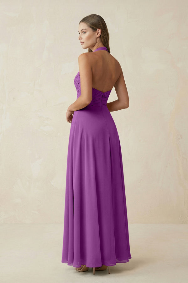 A-Line Pleated Chiffon V-Neck Bridesmaid Dress in Amethyst - KissProm BRIDESMAID DRESSES