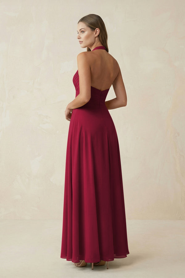 A-Line Pleated Chiffon V-Neck Bridesmaid Dress in Berry - KissProm BRIDESMAID DRESSES