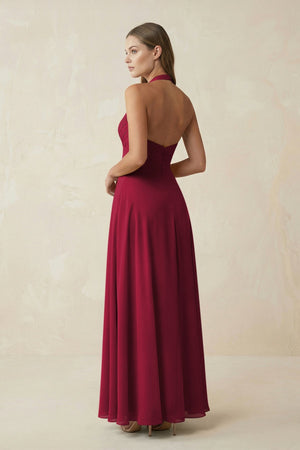 A-Line Pleated Chiffon V-Neck Bridesmaid Dress in Berry - KissProm BRIDESMAID DRESSES