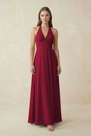 A-Line Pleated Chiffon V-Neck Bridesmaid Dress in Berry - KissProm BRIDESMAID DRESSES
