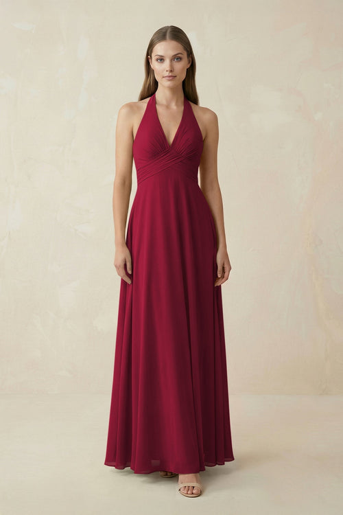 A-Line Pleated Chiffon V-Neck Bridesmaid Dress in Berry - KissProm BRIDESMAID DRESSES