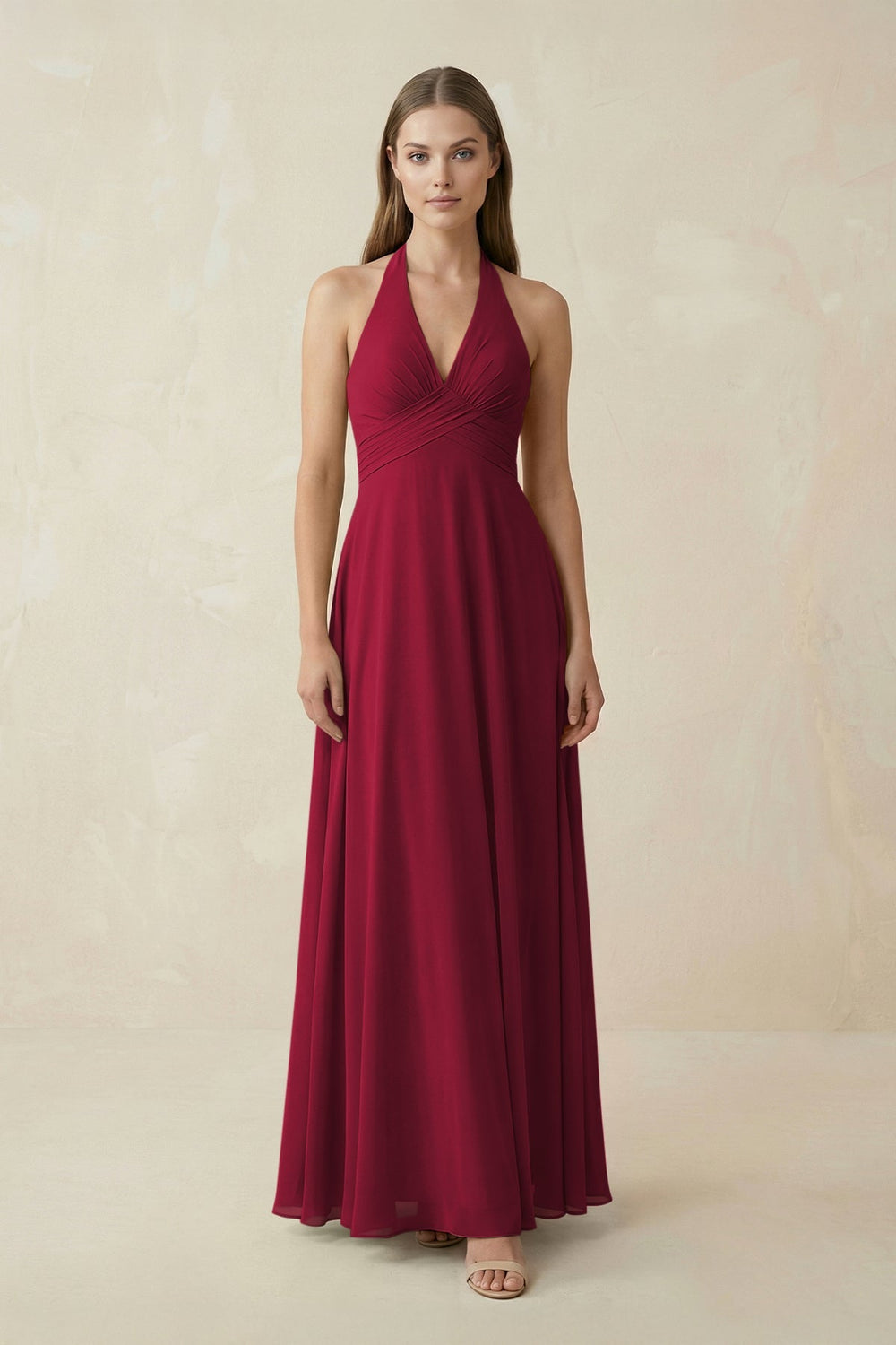 A-Line Pleated Chiffon V-Neck Bridesmaid Dress in Berry - KissProm BRIDESMAID DRESSES