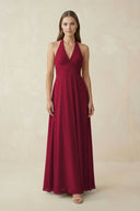 A-Line Pleated Chiffon V-Neck Bridesmaid Dress in Berry - KissProm BRIDESMAID DRESSES