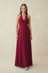 A-Line Pleated Chiffon V-Neck Bridesmaid Dress in Berry - KissProm BRIDESMAID DRESSES