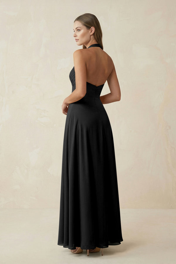 A-Line Pleated Chiffon V-Neck Bridesmaid Dress in Black - KissProm BRIDESMAID DRESSES