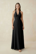 A-Line Pleated Chiffon V-Neck Bridesmaid Dress in Black - KissProm BRIDESMAID DRESSES